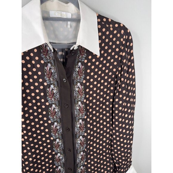 CHLOÉ Brown Polka-dot Printed Button Down Blouse In Multi Size S 36 Silk Accents - Picture 4 of 9
